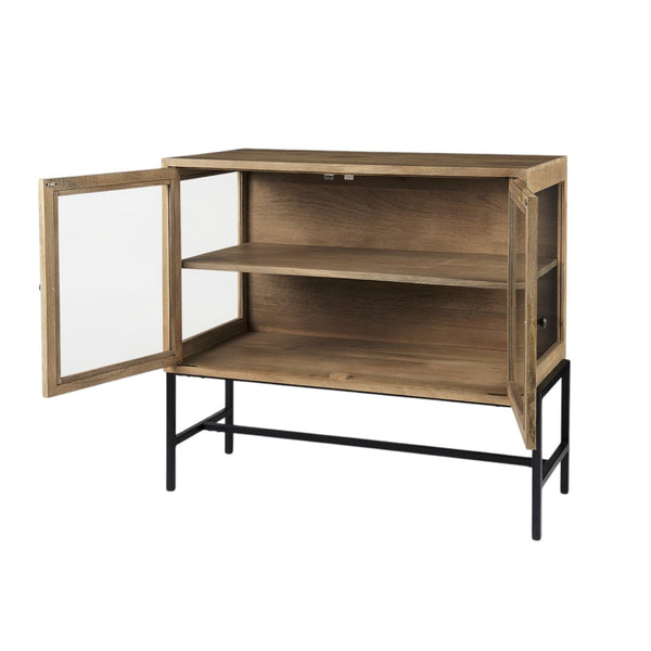 HomeRoots 36" Natural Solid Wood Sideboard with Glass Doors - Elegant Storage & Display for Any Room 391975