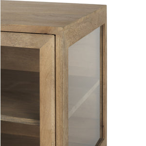 HomeRoots 36" Natural Solid Wood Sideboard with Glass Doors - Elegant Storage & Display for Any Room 391975