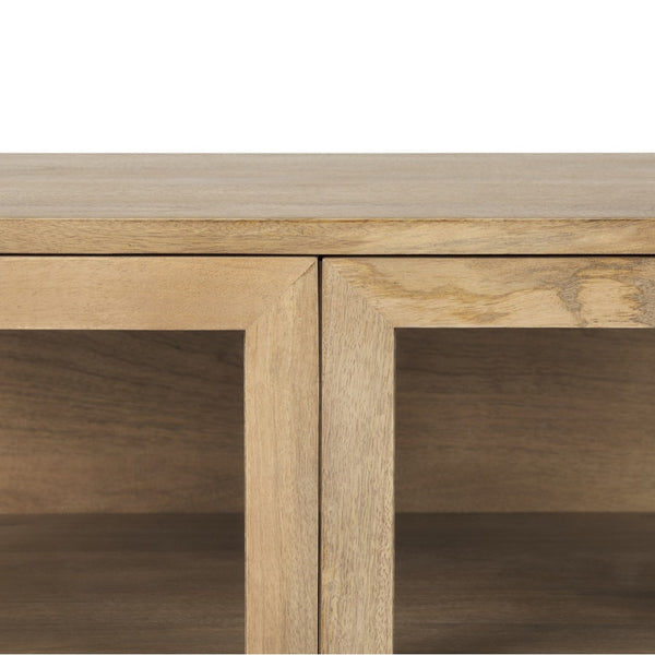 HomeRoots 36" Natural Solid Wood Sideboard with Glass Doors - Elegant Storage & Display for Any Room 391975