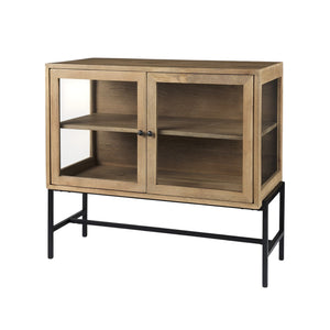 HomeRoots 36" Natural Solid Wood Sideboard with Glass Doors - Elegant Storage & Display for Any Room 391975