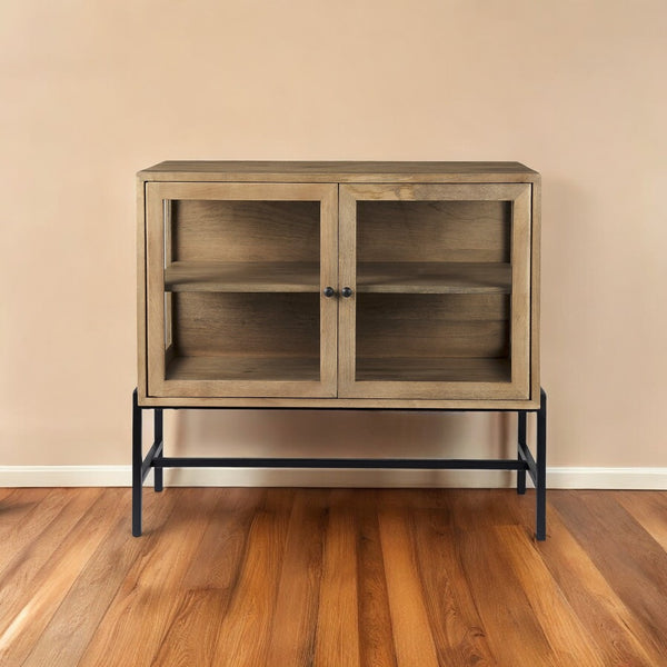 HomeRoots 36" Natural Solid Wood Sideboard with Glass Doors - Elegant Storage & Display for Any Room 391975