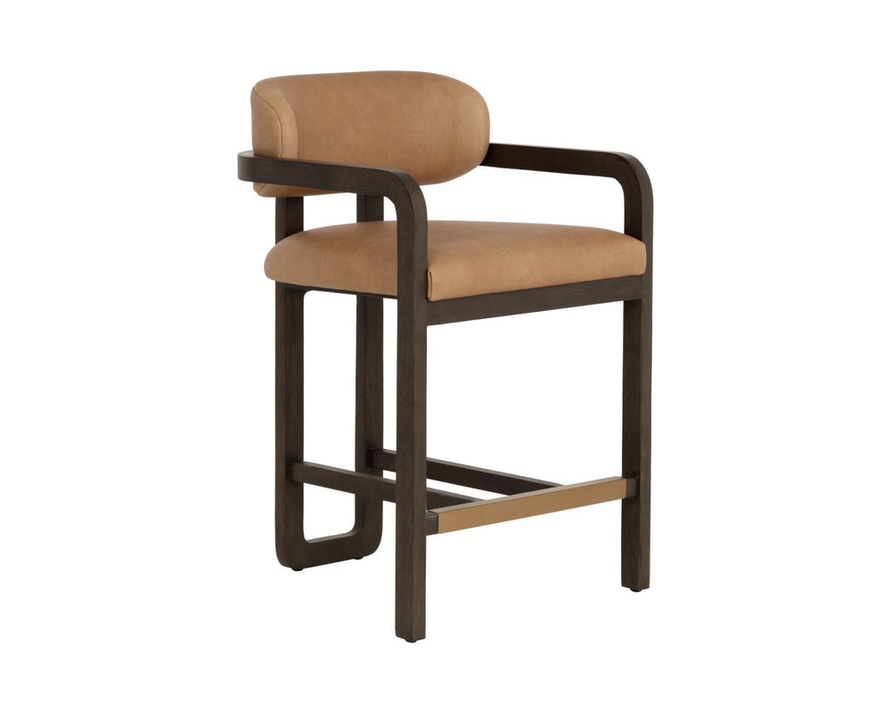 Sunpan MADRONE Counter Stool - Modern Brown Oak Frame with Low-Back Ludlow Sesame Leather Comfort Seat 112681