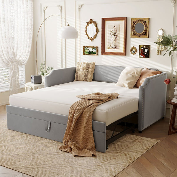 English Elm Twin Velvet Upholstered Daybed with Pop up Trundle for Guest or Kids Rooms Gray SF000197AAE