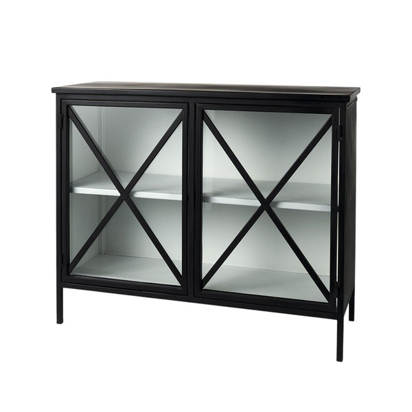 HomeRoots 41" Black Iron Sideboard with Glass Doors - Modern Storage Solution for Home Organization & Style 391981