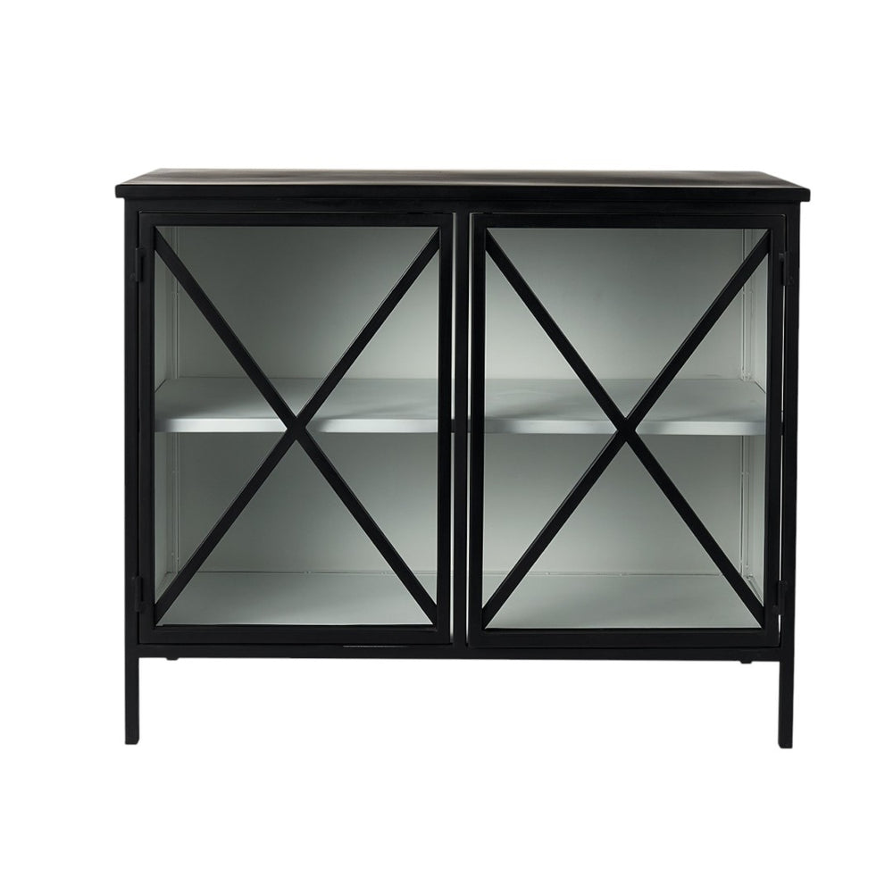 HomeRoots 41" Black Iron Sideboard with Glass Doors - Modern Storage Solution for Home Organization & Style 391981