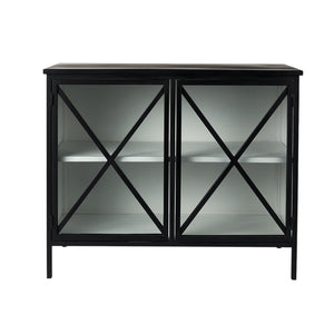 HomeRoots 41" Black Iron Sideboard with Glass Doors - Modern Storage Solution for Home Organization & Style 391981