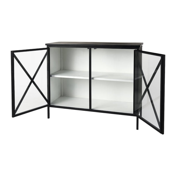 HomeRoots 41" Black Iron Sideboard with Glass Doors - Modern Storage Solution for Home Organization & Style 391981