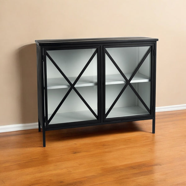 HomeRoots 41" Black Iron Sideboard with Glass Doors - Modern Storage Solution for Home Organization & Style 391981