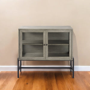 Homeroots 38" Gray Solid Wood Sideboard With Two Glass Doors Gray  391991
