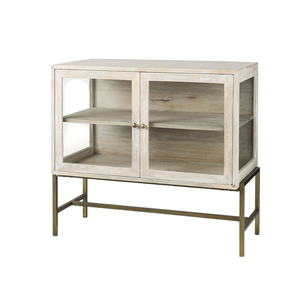 Homeroots 38" White Solid Wood Sideboard With Two Glass Doors White  391992