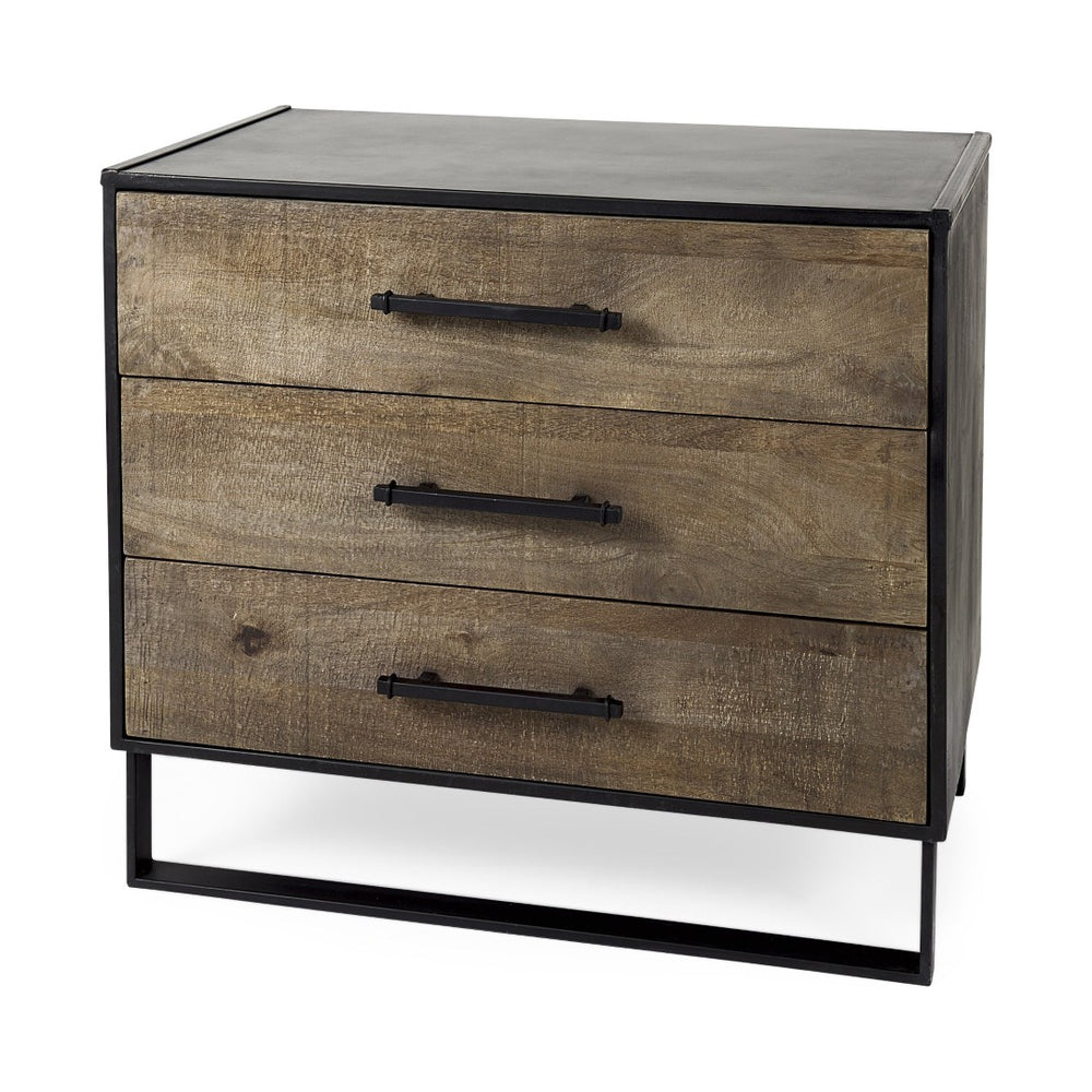 HomeRoots 20" Rustic Brown and Black Distressed Accent Cabinet with 3 Drawers for Stylish Storage Solutions 391997