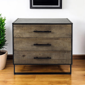 HomeRoots 20" Rustic Brown and Black Distressed Accent Cabinet with 3 Drawers for Stylish Storage Solutions 391997