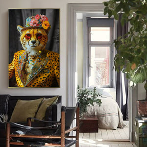 English Elm Abstract Cheetah Canvas Art in Gold Leopard Suit with Sunglasses and Flower Hat – Modern Wall Decor for Home Office W3374P322233