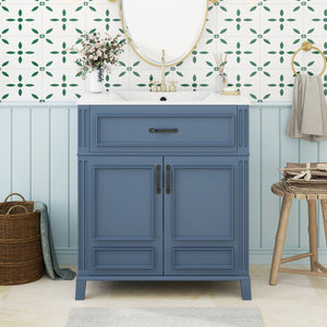 English Elm 30'' Retro Bathroom Vanity with Ceramic Sink, Solid Wood Frame, Soft-Close Doors & Ample Storage (Blue) N710P252113C