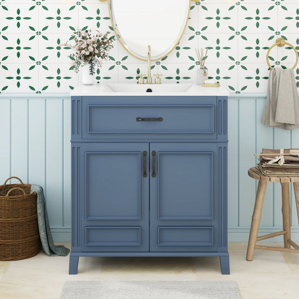 English Elm 30'' Retro Bathroom Vanity with Ceramic Sink, Solid Wood Frame, Soft-Close Doors & Ample Storage (Blue) N710P252113C