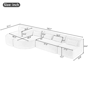 English Elm 143.7" Upholstered Sofa Free-Combined Sofa Couch With Two Chaise Lounge and Five Back Pillows For Living Room, Light Gray