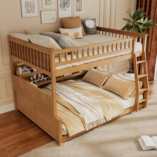 English Elm Full Xl Over Queen Bunk Bed Pinewood Frame with Led Lights Shelving Pegboard Brown LT000279AAP