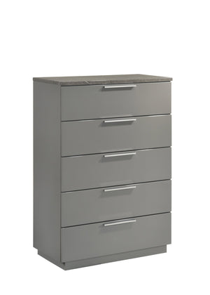 English Elm Elara Two-Tone High-Gloss Marble & Lacquer Chest with 5 Spacious Drawers, Velvet Lined Top, Metal Legs G150108689