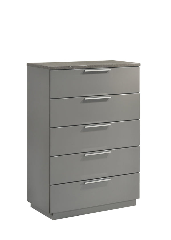 English Elm Elara Two-Tone High-Gloss Marble & Lacquer Chest with 5 Spacious Drawers, Velvet Lined Top, Metal Legs G150108689