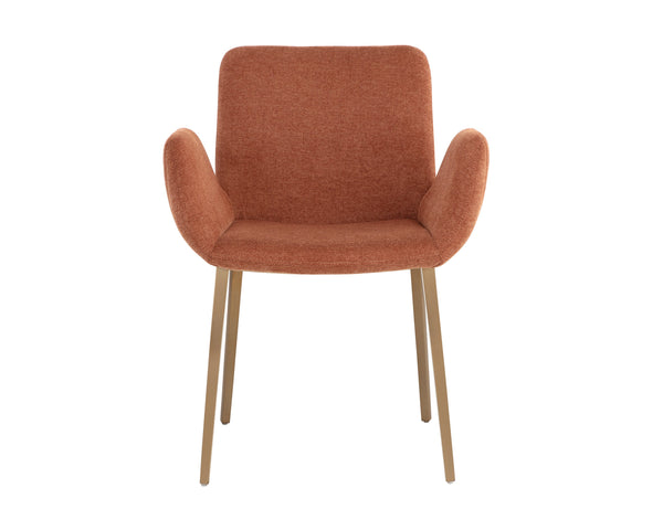 Sunpan Lucano Dining Armchair - Elegant Scooped Design with Vertical Channel Tufting and Gold Legs Belfast Rust