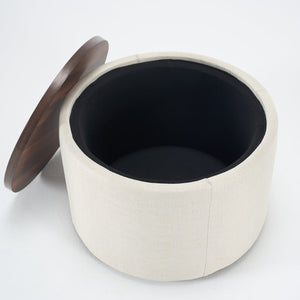 English Elm Ball Cast Round Nesting Ottoman Set Linen Upholstered Hidden Storage with Wooden Tray Beige W3163P379373