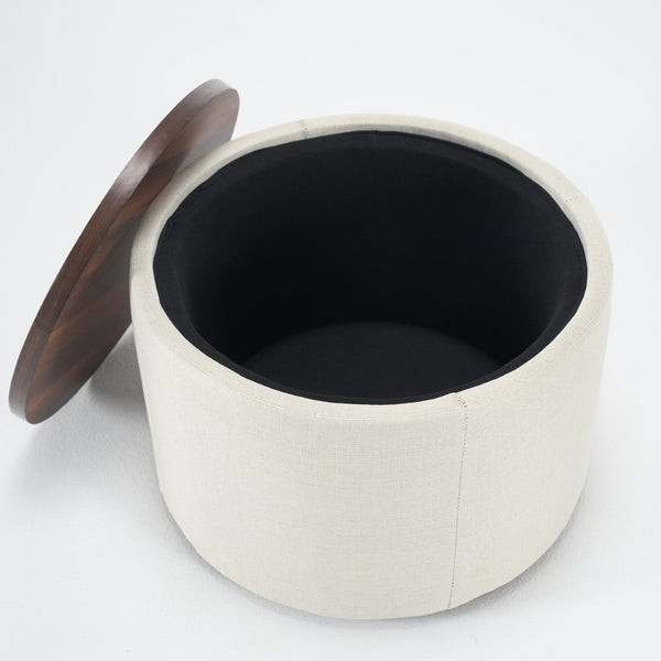 English Elm Ball Cast Round Nesting Ottoman Set Linen Upholstered Hidden Storage with Wooden Tray Beige W3163P379373