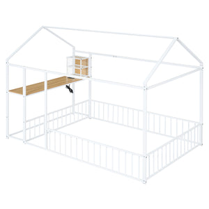 English Elm Full Size Metal House Bed Frame with Desk, Shelves, USB Power Ports & Playful Roof for Kids Room Delight White N737P173491K