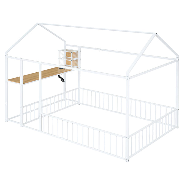 English Elm Full Size Metal House Bed Frame with Desk, Shelves, USB Power Ports & Playful Roof for Kids Room Delight White N737P173491K