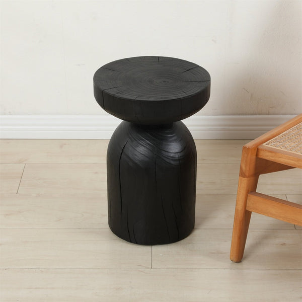 English Elm Solid Mango Wood Round Accent Table Hand Burned Finish Sculptural Plant Stand Nightstand W347P430101