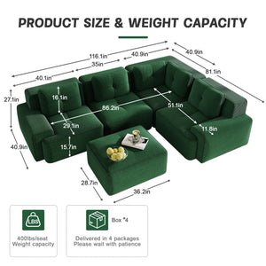 English Elm Modern Corduroy Sectional Sofa Deep Seat V Shape Tufted Couch with Movable Ottoman Green W714S01582