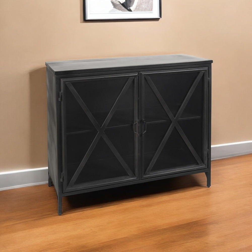 HomeRoots 40" Black Iron Sideboard with Glass Doors - Stylish Storage Solution for Modern Farmhouse Interiors 392000