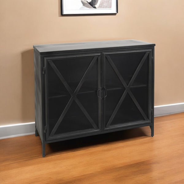 HomeRoots 40" Black Iron Sideboard with Glass Doors - Stylish Storage Solution for Modern Farmhouse Interiors 392000