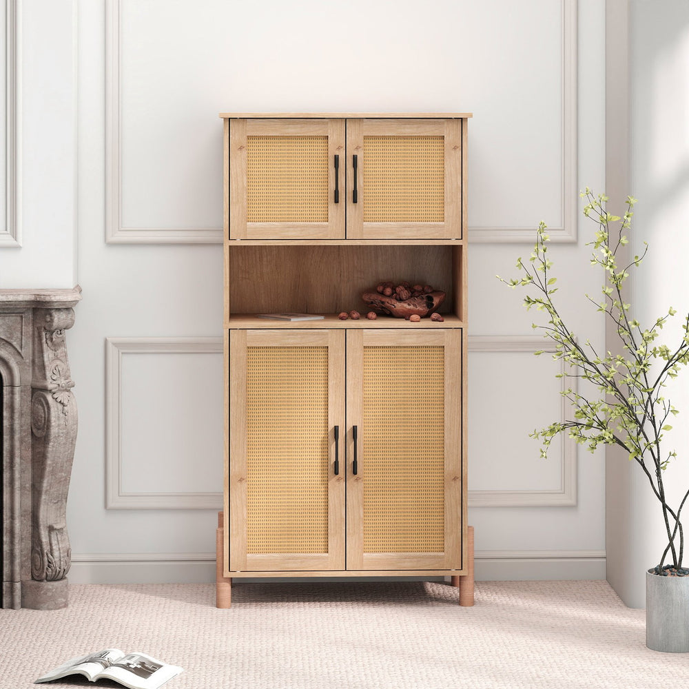 English Elm Mid-Century Woven Rattan Door Storage Cabinet with Adjustable Shelves and Solid Wood Legs, Stylish and Functional Natural 27.6 L x 15 W x 8.7 H W3151P288912