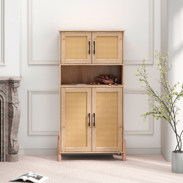 English Elm Mid-Century Woven Rattan Door Storage Cabinet with Adjustable Shelves and Solid Wood Legs, Stylish and Functional Natural 27.6 L x 15 W x 8.7 H W3151P288912