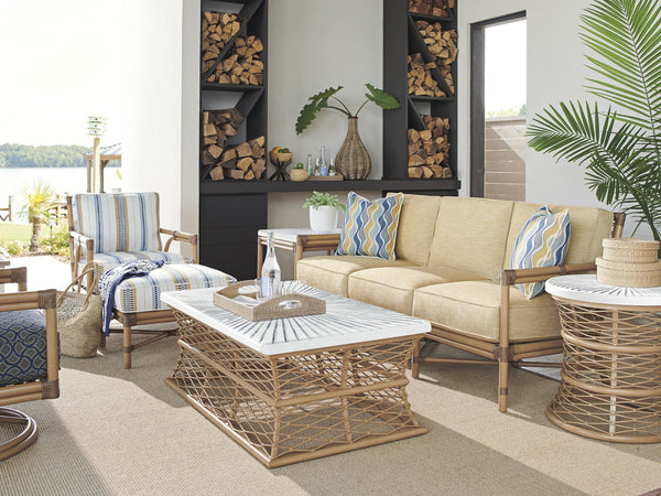 Lexington Tommy Bahama Outdoor 3920-943c Key Largo Coastal Rectangular Cocktail Table With Artisan Sunburst Design And Teak Finish  Wood 3920-943c