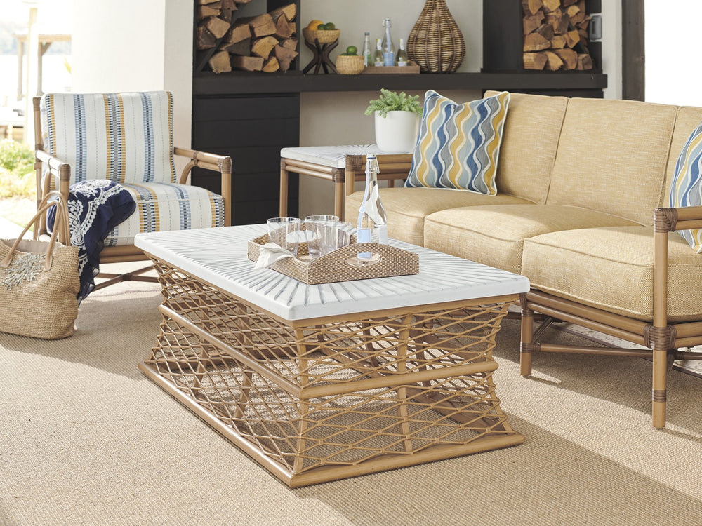 Lexington Tommy Bahama Outdoor 3920-943c Key Largo Coastal Rectangular Cocktail Table With Artisan Sunburst Design And Teak Finish  Wood 3920-943c