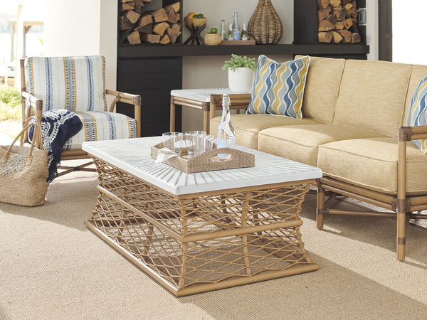 Lexington Tommy Bahama Outdoor 3920-943c Key Largo Coastal Rectangular Cocktail Table With Artisan Sunburst Design And Teak Finish  Wood 3920-943c