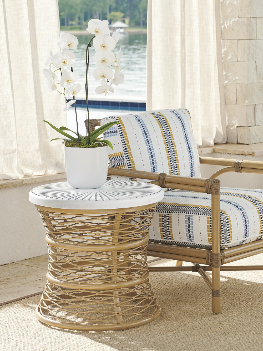 Lexington Tommy Bahama Outdoor 3920-953c Coastal Bohemian Round End Table With Hand-painted Sunburst Design And Aluminum Frame  Wood 3920-953c