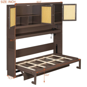 English Elm Twin Murphy Bed with Rattan Cabinet Doors Led Lighting and Usb Charging for Small Spaces Espresso LP000740AAP