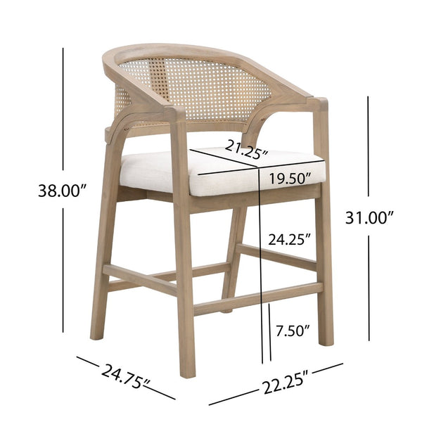 English Elm Wooden Rubberwood Counter Stools with Woven Rattan Back Mid Century Set of Two Light Ash N771P257313A