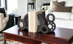 HomeRoots Set of Two Industrial Matte Black Gear Bookends - Stylish Support for Books & Unique Décor Piece 392131