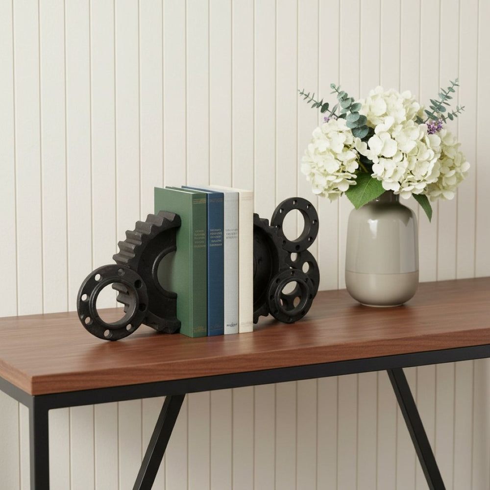 HomeRoots Set of Two Industrial Matte Black Gear Bookends - Stylish Support for Books & Unique Décor Piece 392131
