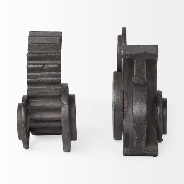 HomeRoots Set of Two Industrial Matte Black Gear Bookends - Stylish Support for Books & Unique Décor Piece 392131