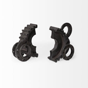 HomeRoots Set of Two Industrial Matte Black Gear Bookends - Stylish Support for Books & Unique Décor Piece 392131