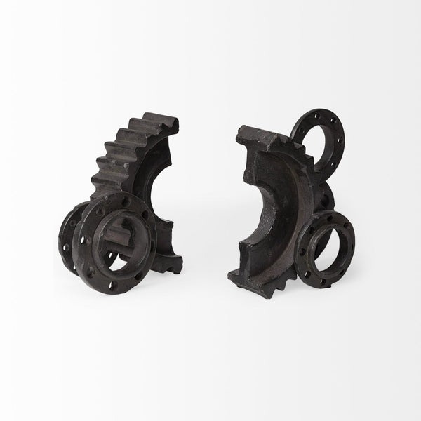 HomeRoots Set of Two Industrial Matte Black Gear Bookends - Stylish Support for Books & Unique Décor Piece 392131