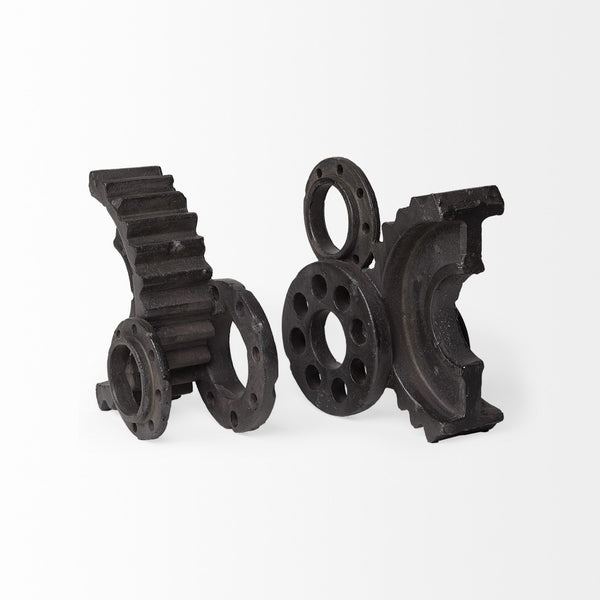 HomeRoots Set of Two Industrial Matte Black Gear Bookends - Stylish Support for Books & Unique Décor Piece 392131