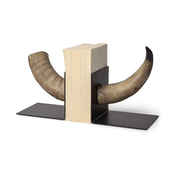 Homeroots Set Of Two 6" Brown And Black Ceramic Horn Decorative Bookends  Ceramic 392132