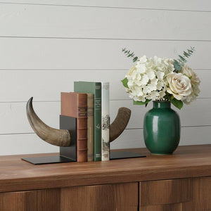 HomeRoots Set of Two Rustic Faux Horn Bookends - Distressed Resin & Metal for Lodge-Style Decor & Support 392132