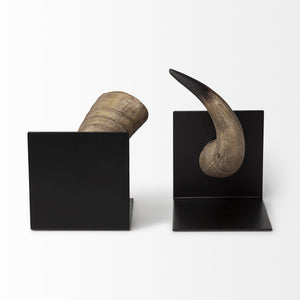 Homeroots Set Of Two 6" Brown And Black Ceramic Horn Decorative Bookends  Ceramic 392132
