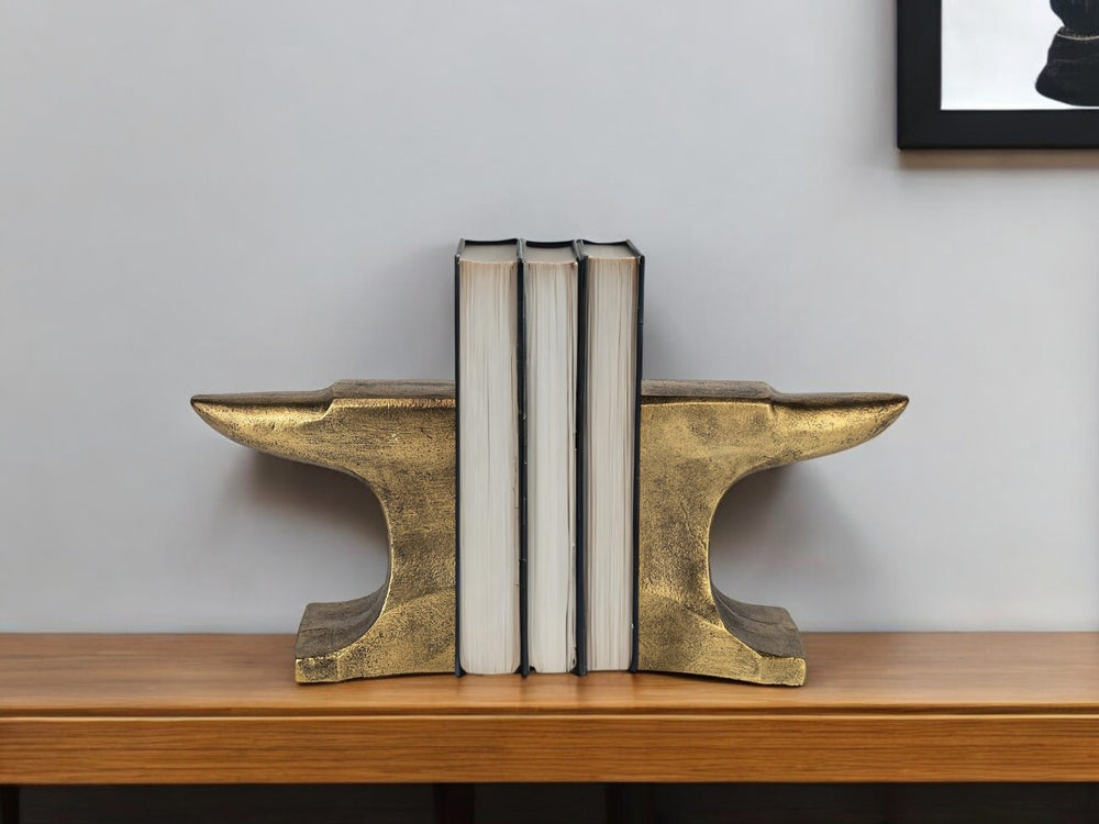 HomeRoots Set of Two 6" Gold Metal Decorative Bookends – Elegant, Sturdy Support for Books and Stylish Décor 392134